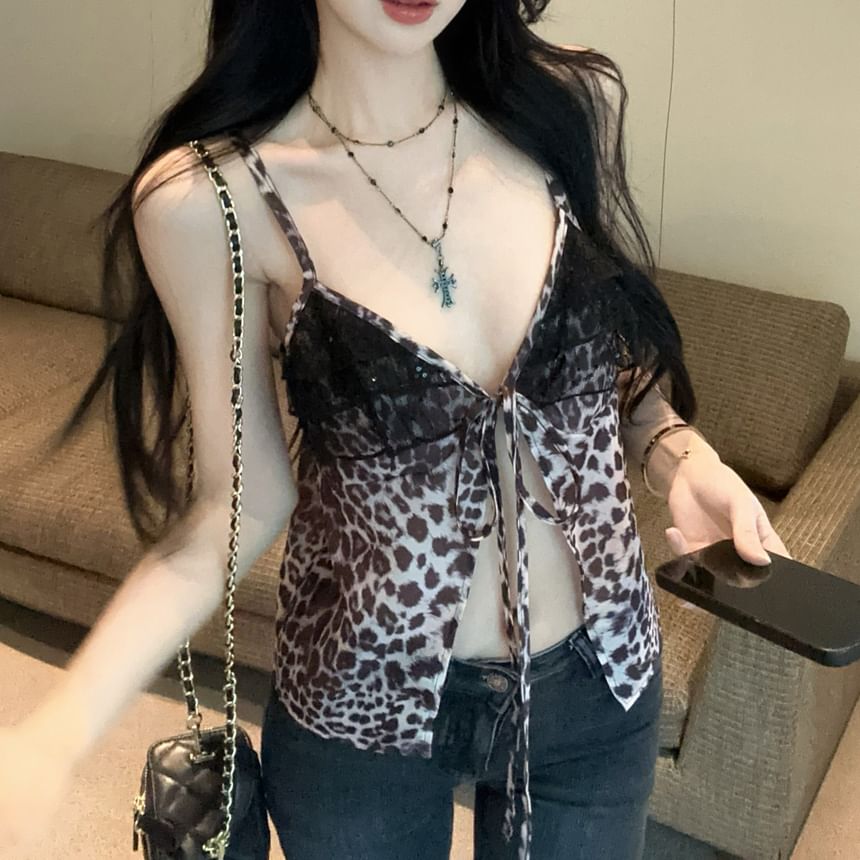 Print Top Ruffle Leopard Tie-Up Cami Slit Panel V-Neck