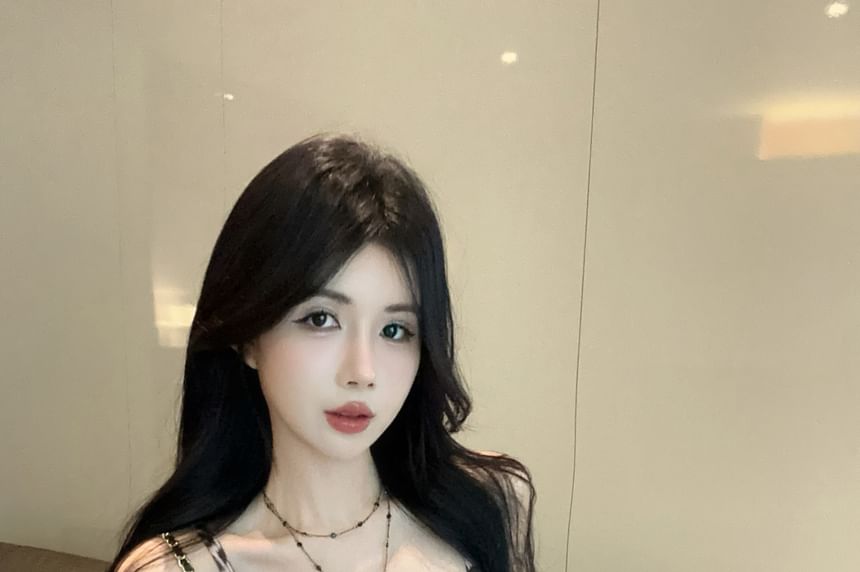 Print Top Ruffle Leopard Tie-Up Cami Slit Panel V-Neck