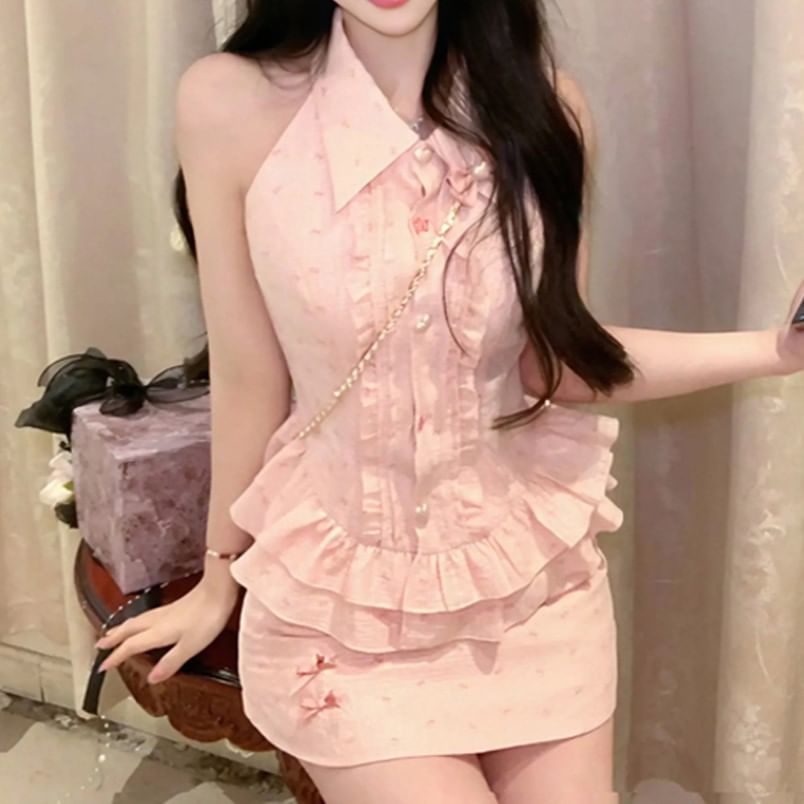 Collared Print Skirt Brooch Bow Sleeveless / Waist Pencil High Blouse Mini Ruffle Set