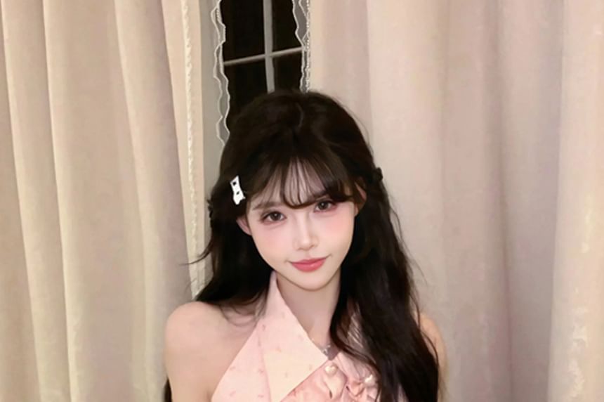 Collared Print Skirt Brooch Bow Sleeveless / Waist Pencil High Blouse Mini Ruffle Set