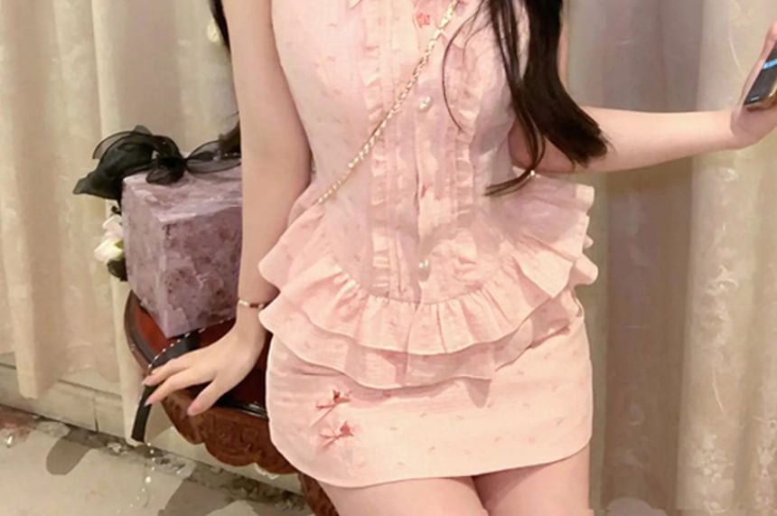 Collared Print Skirt Brooch Bow Sleeveless / Waist Pencil High Blouse Mini Ruffle Set
