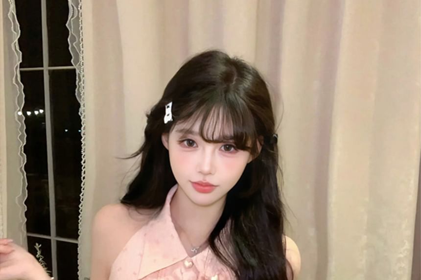 Collared Print Skirt Brooch Bow Sleeveless / Waist Pencil High Blouse Mini Ruffle Set