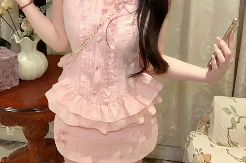 Collared Print Skirt Brooch Bow Sleeveless / Waist Pencil High Blouse Mini Ruffle Set