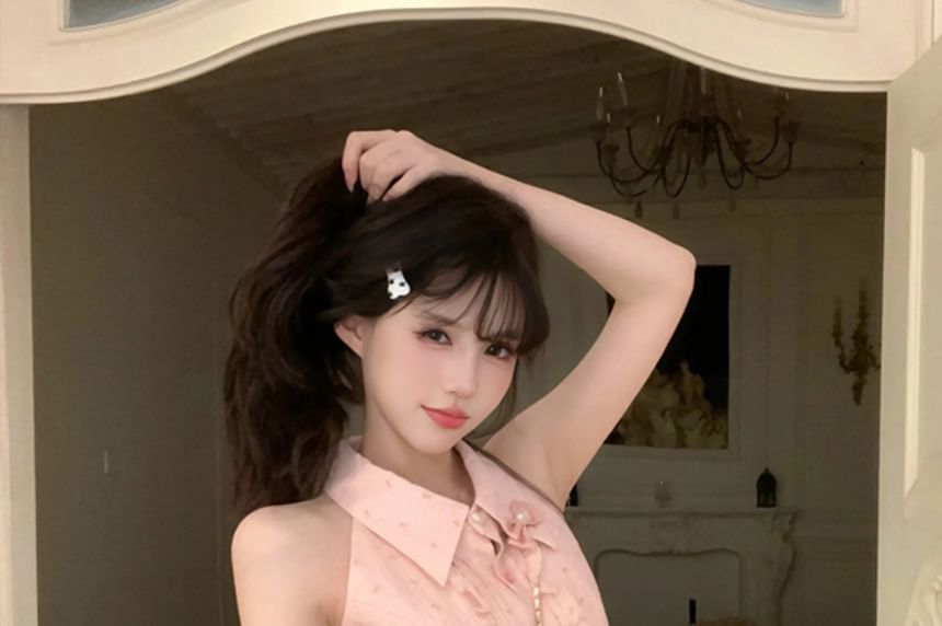 Collared Print Skirt Brooch Bow Sleeveless / Waist Pencil High Blouse Mini Ruffle Set