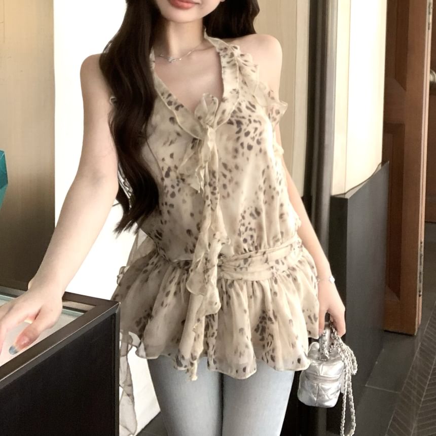 Top Ruffle Halter Leopard Print
