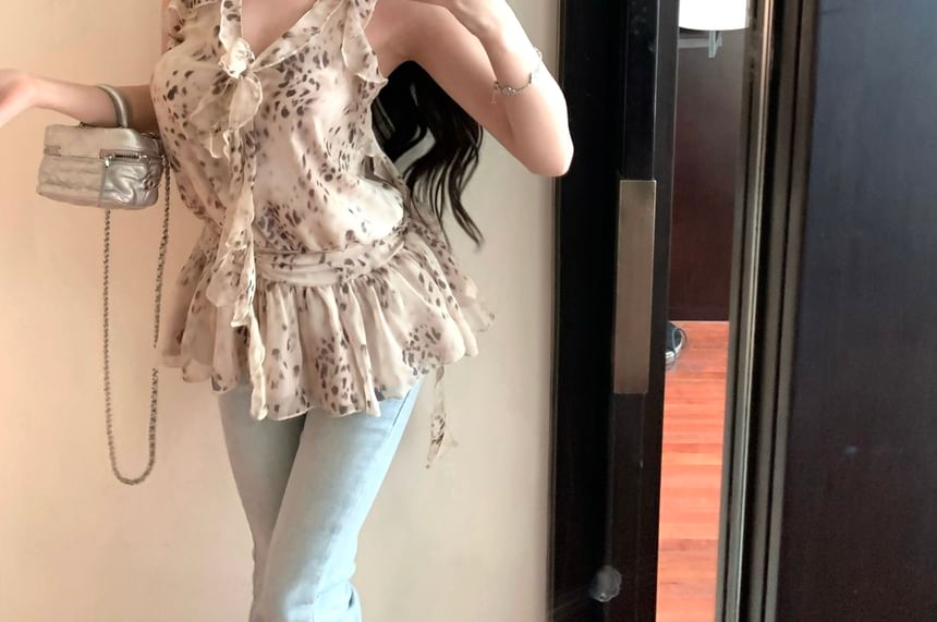 Top Ruffle Halter Leopard Print