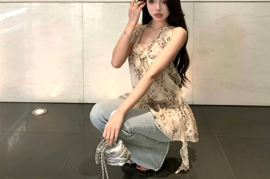 Top Ruffle Halter Leopard Print