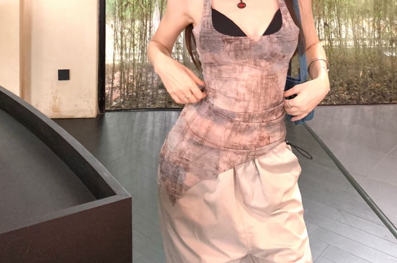 Sheer / Square Top Denim Plain Asymmetrical Tank Bra Neck Print