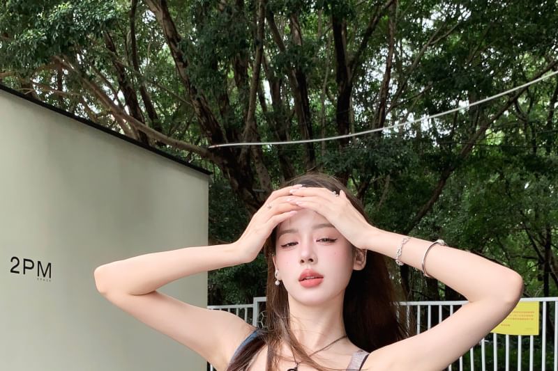 Sheer / Square Top Denim Plain Asymmetrical Tank Bra Neck Print