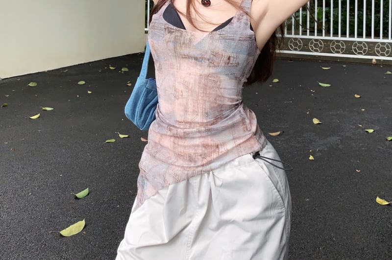 Sheer / Square Top Denim Plain Asymmetrical Tank Bra Neck Print