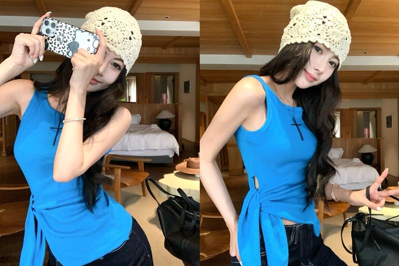 Crew Neck Tie-Up Top Tank Plain