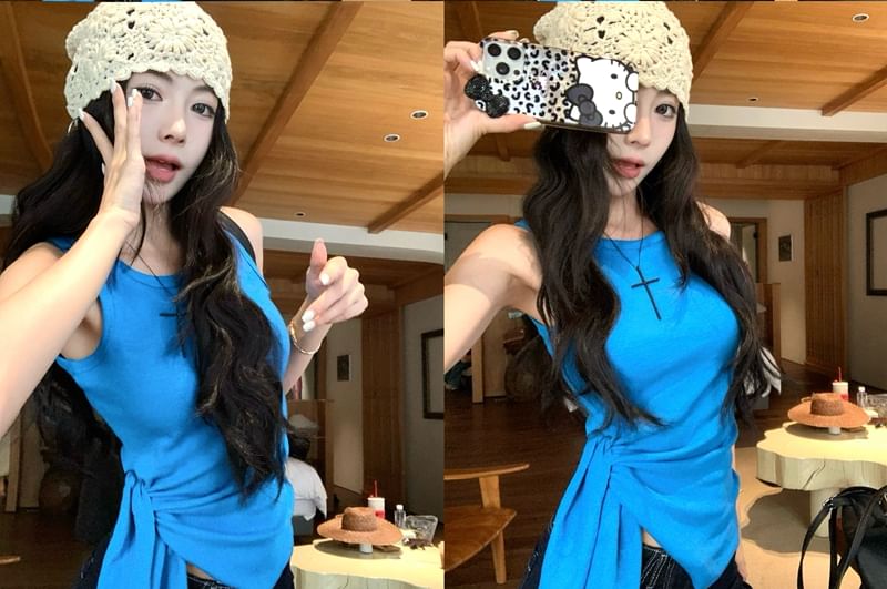 Crew Neck Tie-Up Top Tank Plain