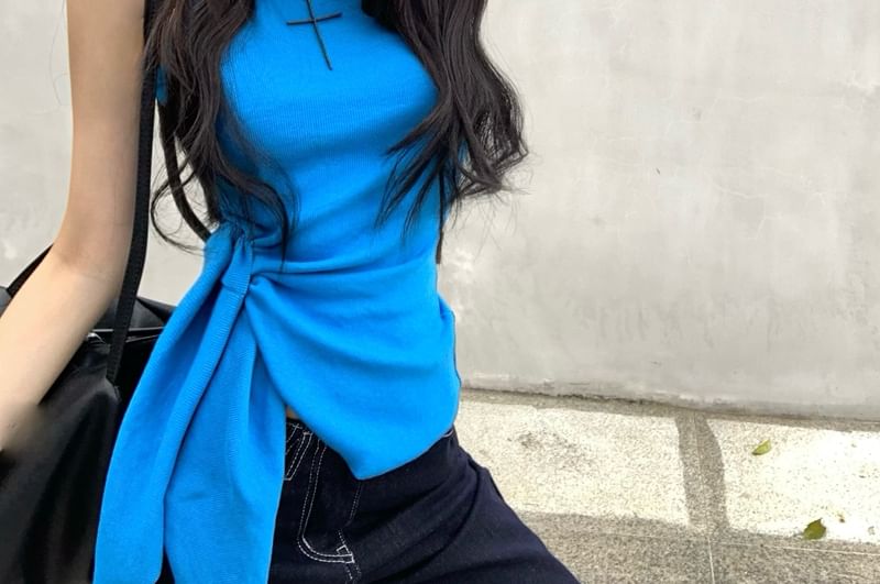 Crew Neck Tie-Up Top Tank Plain