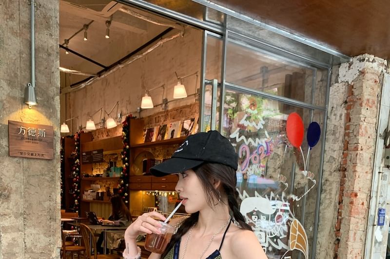 Top V-Neck Panel Halter Plaid