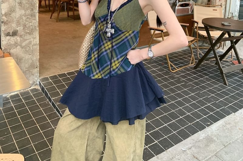 Top V-Neck Panel Halter Plaid