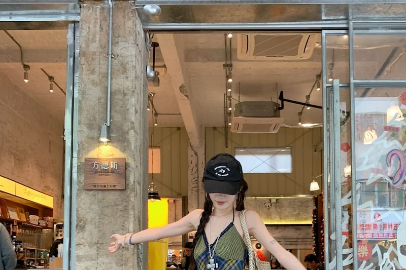 Top V-Neck Panel Halter Plaid