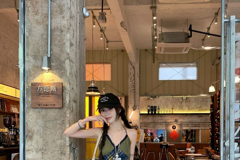 Top V-Neck Panel Halter Plaid