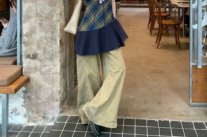 Top V-Neck Panel Halter Plaid