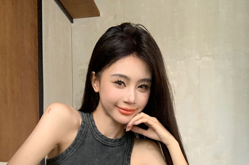 Tank Wide Pants Top Leg Crew Waist Washed Plain Drawstring / Neck