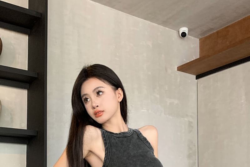 Tank Wide Pants Top Leg Crew Waist Washed Plain Drawstring / Neck