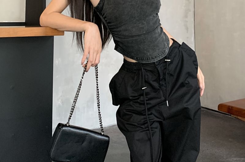 Tank Wide Pants Top Leg Crew Waist Washed Plain Drawstring / Neck