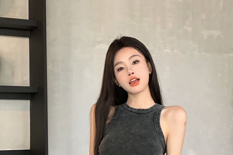 Tank Wide Pants Top Leg Crew Waist Washed Plain Drawstring / Neck