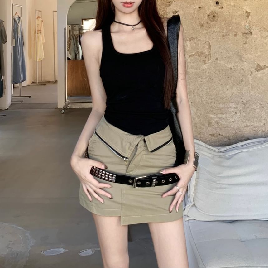 Mini Skirt Top Asymmetrical High Studded / Waist Belt Pencil Square Tank Plain Neck