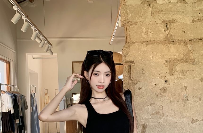 Mini Skirt Top Asymmetrical High Studded / Waist Belt Pencil Square Tank Plain Neck