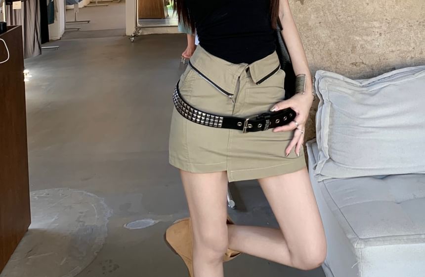 Mini Skirt Top Asymmetrical High Studded / Waist Belt Pencil Square Tank Plain Neck