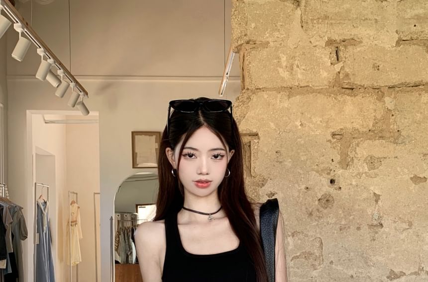 Mini Skirt Top Asymmetrical High Studded / Waist Belt Pencil Square Tank Plain Neck