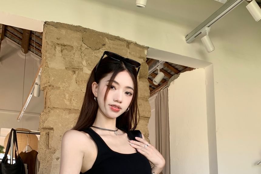 Mini Skirt Top Asymmetrical High Studded / Waist Belt Pencil Square Tank Plain Neck