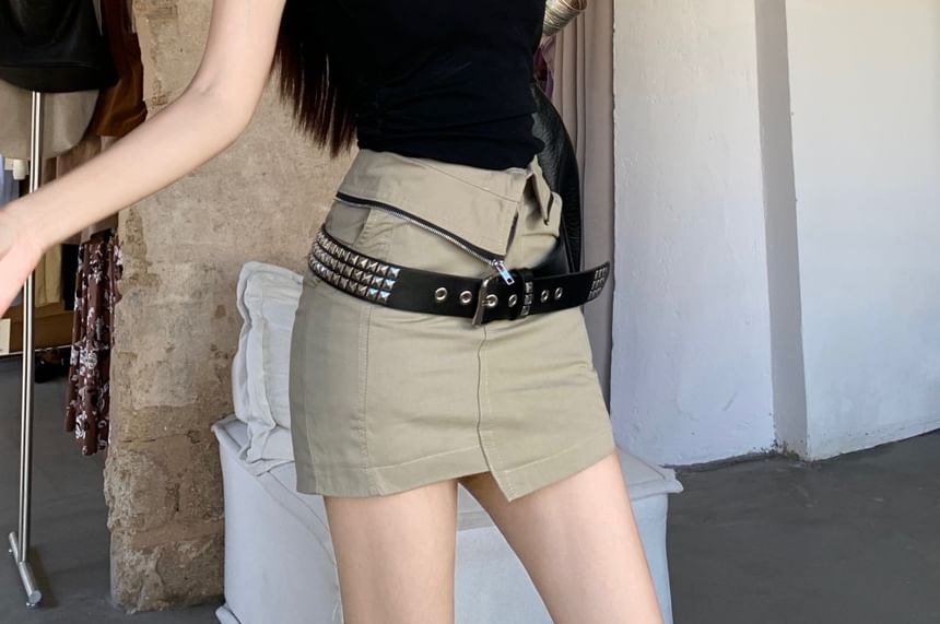 Mini Skirt Top Asymmetrical High Studded / Waist Belt Pencil Square Tank Plain Neck