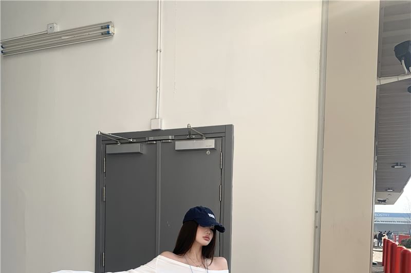 / Mini Skirt Long-Sleeve T-Shirt Shoulder Plain Off A-Line Crop