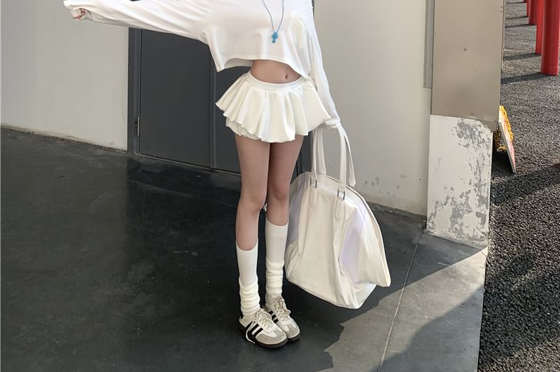 / Mini Skirt Long-Sleeve T-Shirt Shoulder Plain Off A-Line Crop