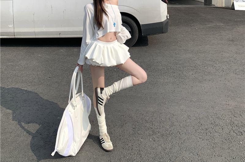 / Mini Skirt Long-Sleeve T-Shirt Shoulder Plain Off A-Line Crop