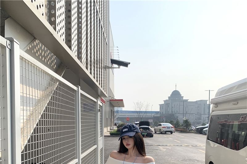 / Mini Skirt Long-Sleeve T-Shirt Shoulder Plain Off A-Line Crop