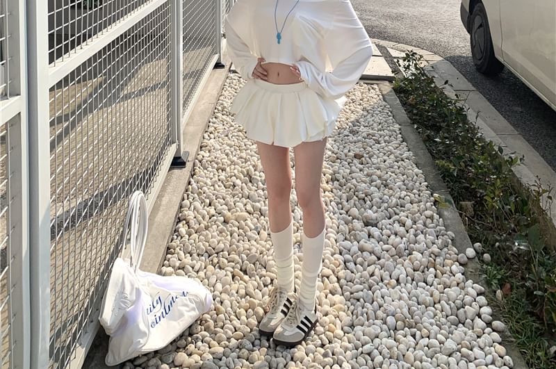 / Mini Skirt Long-Sleeve T-Shirt Shoulder Plain Off A-Line Crop