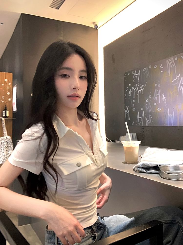 Pocketed Crop Plain Polo Top Short-Sleeve