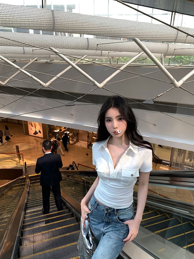 Pocketed Crop Plain Polo Top Short-Sleeve