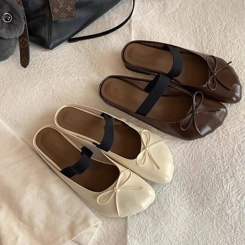 Faux Leather Plain Ballet Bow Flats
