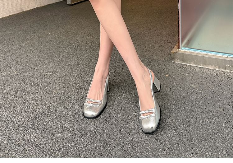 Slingback Bow Plain Mid Heel Sandals