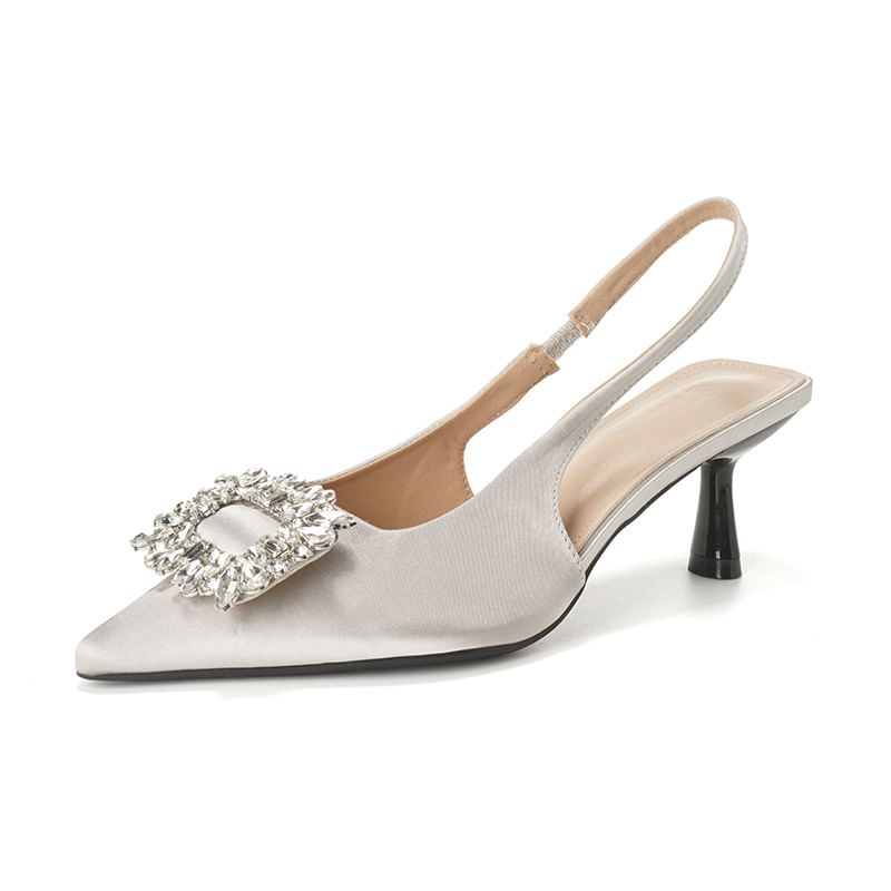 Pointy Slingback Sandals Plain Rhinestone Heel High