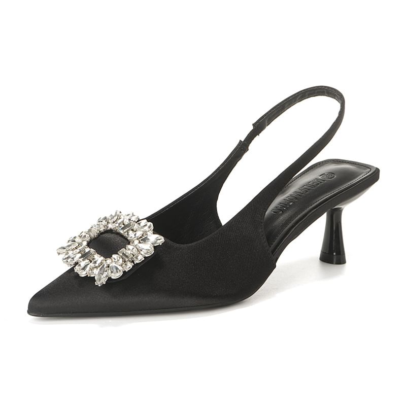 Pointy Slingback Sandals Plain Rhinestone Heel High