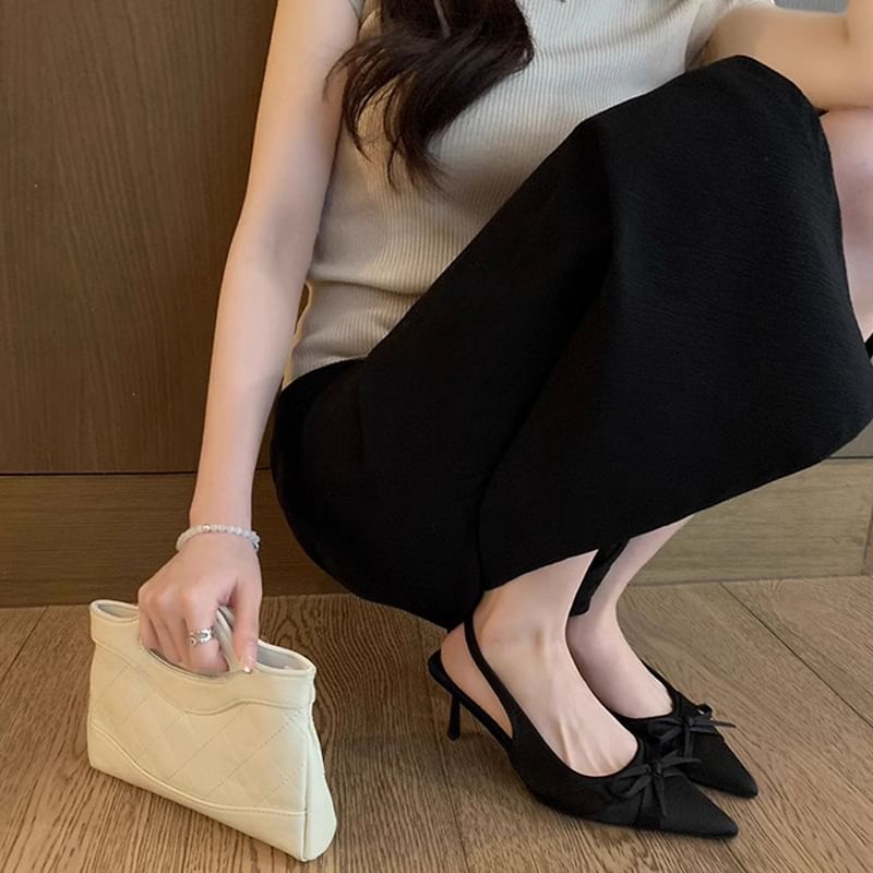 Plain High Slingback Bow Sandals Heel Pointy