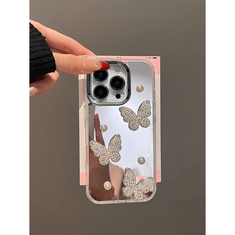 Butterfly / Set Faux Strap Case Phone Mirrored Pearl