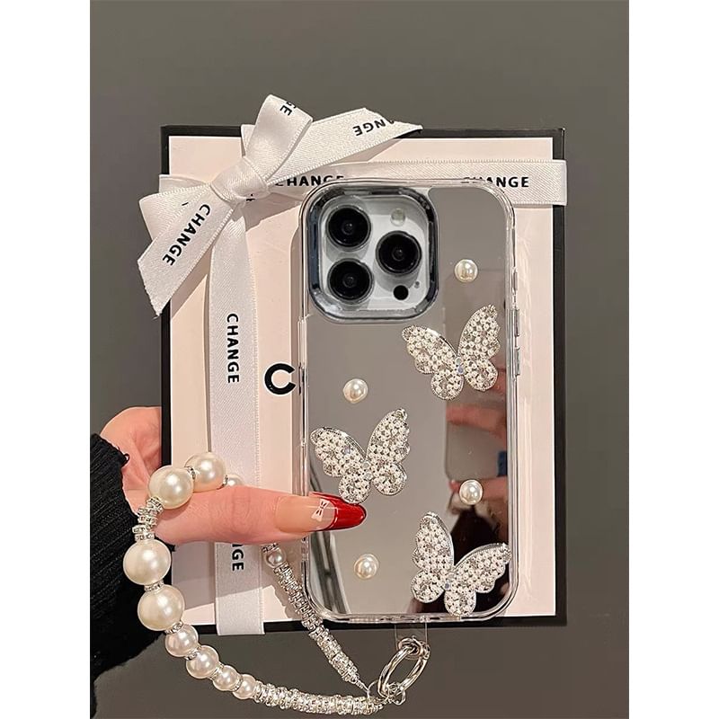 Butterfly / Set Faux Strap Case Phone Mirrored Pearl