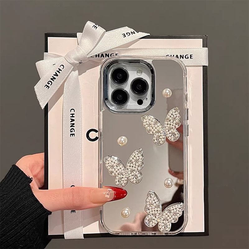 Butterfly / Set Faux Strap Case Phone Mirrored Pearl