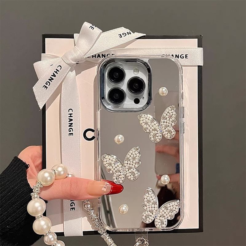 Butterfly / Set Faux Strap Case Phone Mirrored Pearl