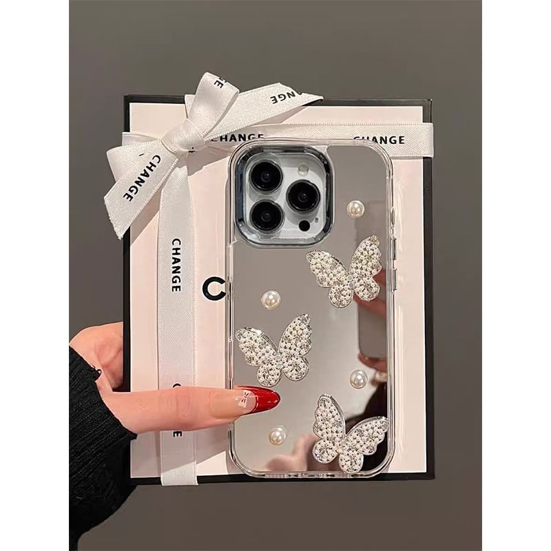 Butterfly / Set Faux Strap Case Phone Mirrored Pearl