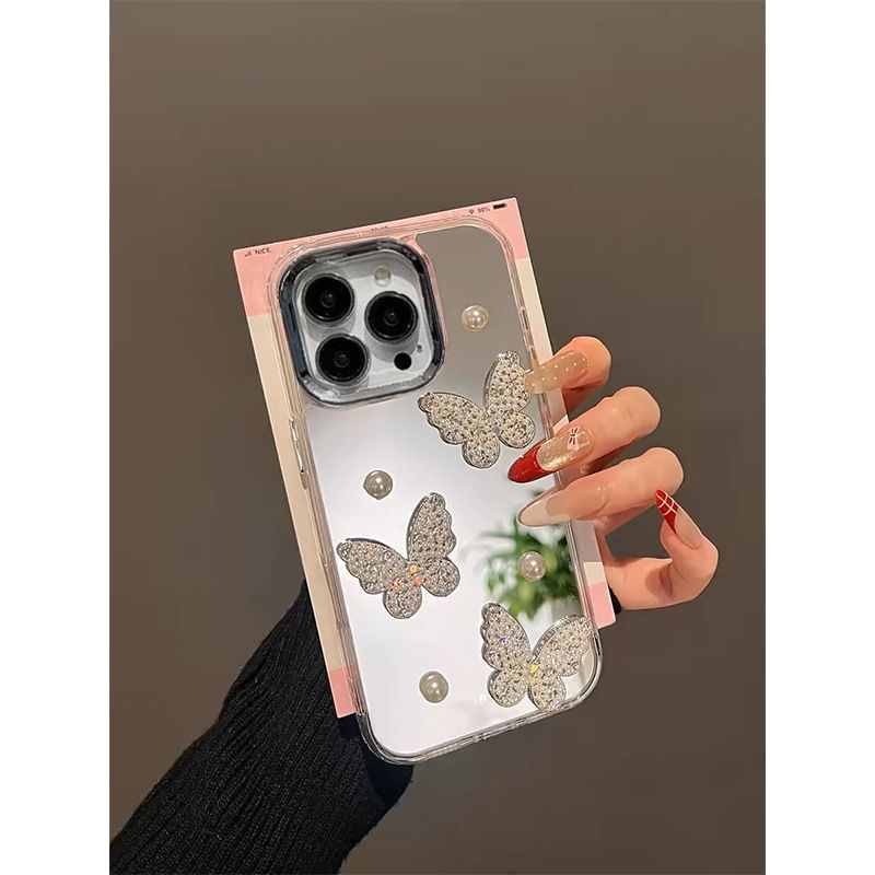 Butterfly / Set Faux Strap Case Phone Mirrored Pearl
